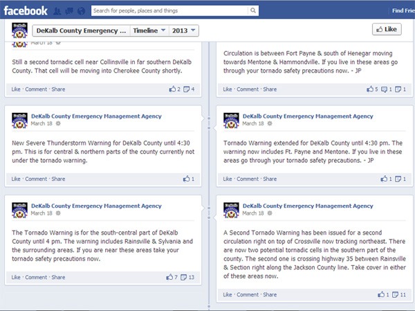Facebook screenshot emergency management dekalb county tornado alerts